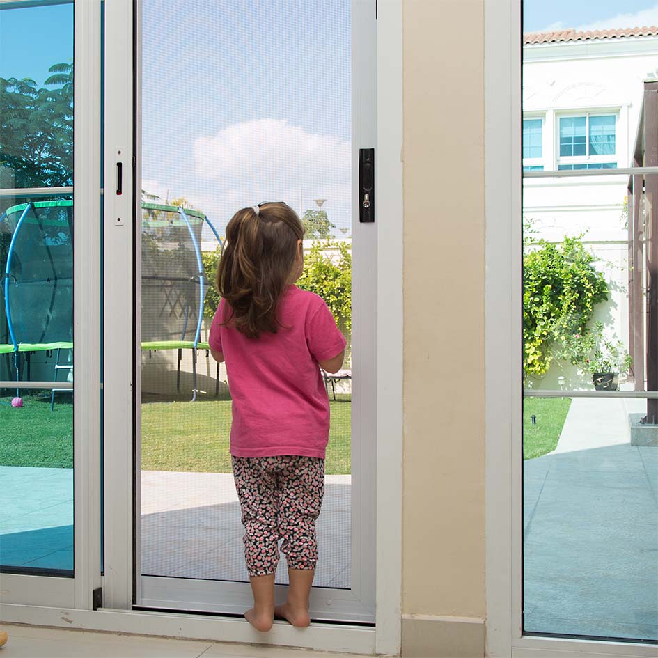 Screen door with child sm Mesh door